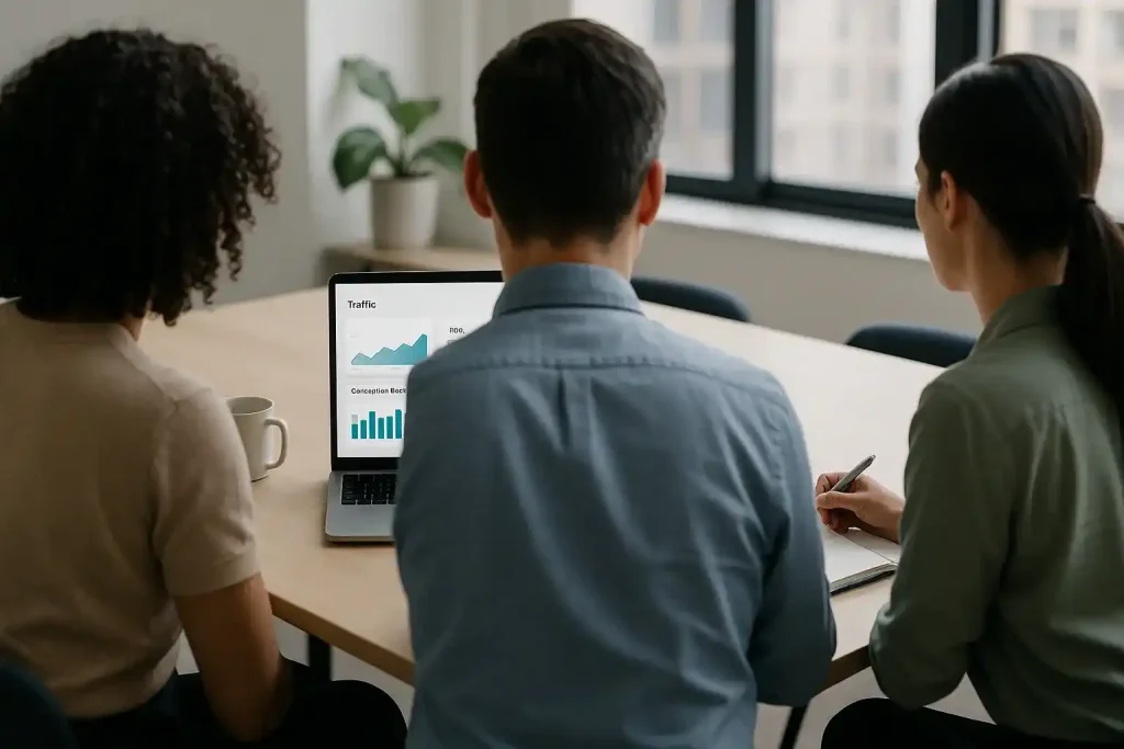 Online Marketing Kampagne - Team analysiert KPIs (ROAS, Conversion Rate) auf Marketing-Dashboard am Laptop