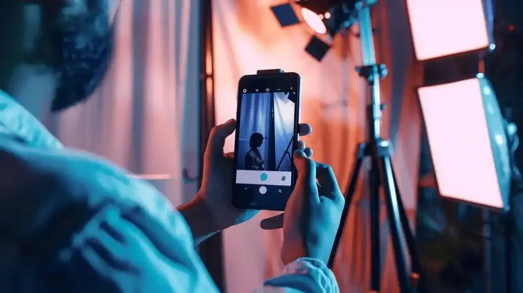 Social Media Kampagne - Person produziert Social Media Content mit Smartphone und professionellem Lichtsetup – moderne Kampagnenplanung und visuelle Content-Erstellung für Social Media Kampagnen.