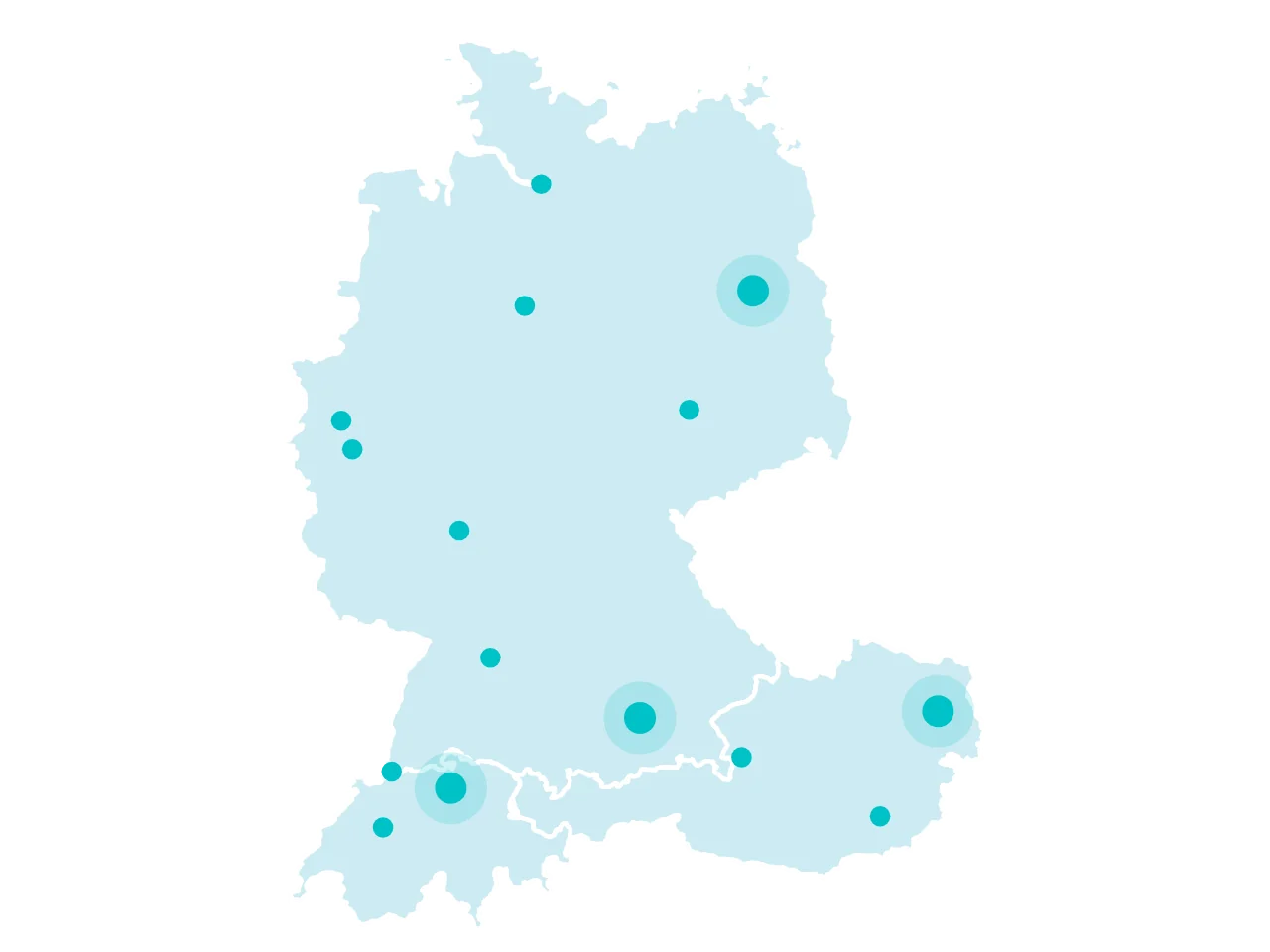 Karte von Deutschland, Österreich und der Schweiz mit Standorten von Agenturen auf AgenturFinder