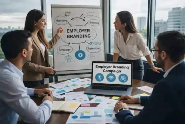 Employer Branding Kampagne – Teammeeting zur Entwicklung einer Arbeitgebermarken-Kampagne mit Fokus auf Strategie, Recruiting und Mitarbeiterbindung